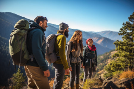 Group of friends hiking in the mountains on a sunny day. Hiking concept, family and friends hiking together in the mountains in the vacation trip week, AI Generatedの素材