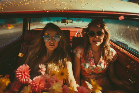 Two beautiful girls sitting in a retro car with flowers in their hands, exy girls in the car, Celebrating, AI Generatedの素材