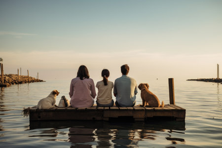 Group of friends sitting on a wooden pier and watching the sunset, Family with dog resting on a pier, AI Generatedの素材