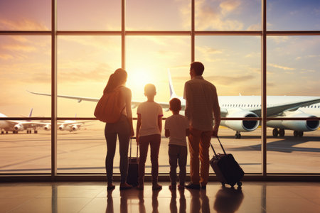 Family Traveling at Airport Terminal Traveling Holiday Vacation Concept, Family Standing With Their Backs To The Airport Window, AI Generatedの素材