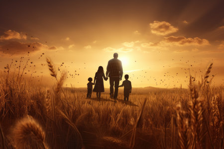 Silhouette of family in wheat field at sunset. Concept of friendly family, Family walking on a field nature togetherness concept, AI Generatedの素材