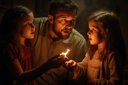 Young father and his two little daughters lighting a candle in the dark, father with torch light telling scary stories to his daughter and wife, AI Generatedの素材