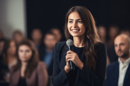 Portrait of beautiful young businesswoman speaking into microphone in conference hall, Female business speaker giving a talk at a business conference event, AI Generatedの素材