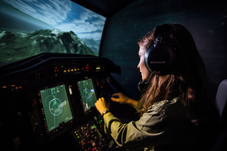 Young woman playing video games in the cockpit of a small plane, Female pilot in flight simulator during training, AI Generatedの素材