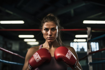 Portrait of beautiful female boxer wearing boxing gloves in boxing ring at gym, Female boxer training inside a boxing ring, AI Generatedの素材