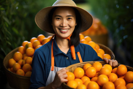 Portrait of smiling Vietnamese woman holding basket full of tangerines, Female farmer with hands holding freshly harvested mandarin oranges, AI Generatedの素材