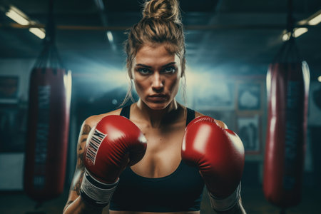 Portrait of a young boxer woman with red boxing gloves. Boxer training in the gym, Female boxer practicing boxing with punching bag, AI Generatedの素材