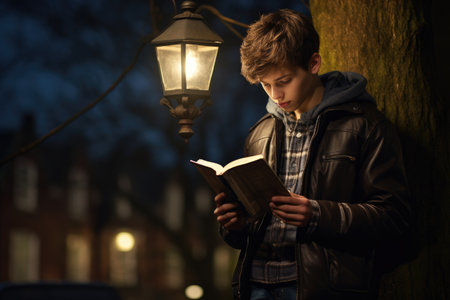 A young man engrossed in reading a book under the illumination of a street lamp in the darkness of night, A student reading under a street lamp at dusk, AI Generatedの素材