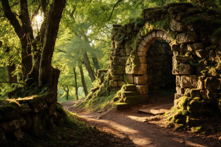 A captivating stone arch stands amidst the lush greenery of the forest, A sun-dappled forest path leading to a mysterious stone arch, AI Generatedの素材