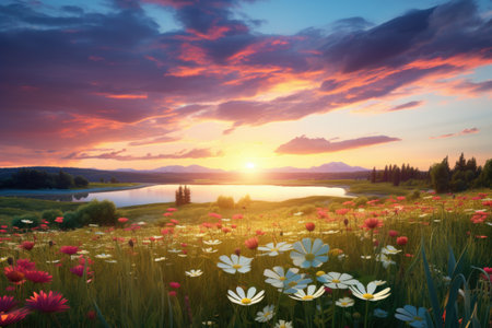 A stunning painting capturing the beauty of a sunset casting warm colors over a field full of vibrant flowers, A sunset over a peaceful meadow scattered with wildflowers, AI Generatedの素材