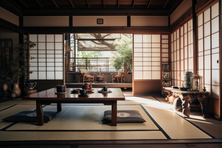 This room features a table, chairs, and a rug, creating an inviting and cozy space for dining and gathering, A traditional Japanese home with tatami mats and a tea ceremony setup, AI Generatedの素材