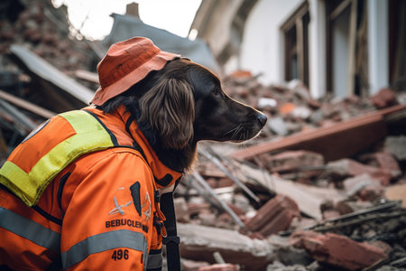 Dog in life jacket on a background of rubble and broken building, Search dog rescuer in a signal vest looking for people under the rubble of a collapsed building, AI Generatedの素材