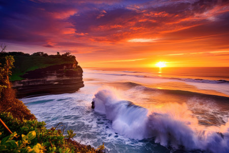 Tanah Lot Temple at sunset, Bali island, Indonesia, Seascape, ocean at sunset, Ocean coast with waves near Uluwatu temple at sunset, Bali, Indonesia, AI Generatedの素材