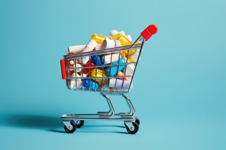 Shopping cart full of colorful pills on blue background, medical concept, Shopping cart full of pills and bottles with medicines on a blue background, AI Generatedの素材