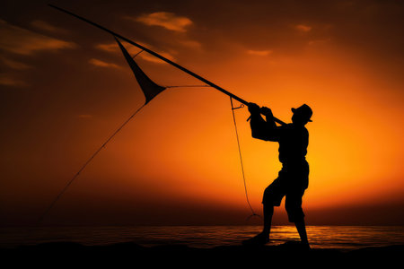 Silhouette of Fisherman with fishing rod on the sunset background, Silhouette of a downrigging fishing rod at sunset, AI Generatedの素材