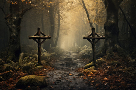 Wooden cross in the foggy forest. Halloween concept. 3D Rendering, Showing a path splitting into two going into the woods with a blank signpost, AI Generatedの素材
