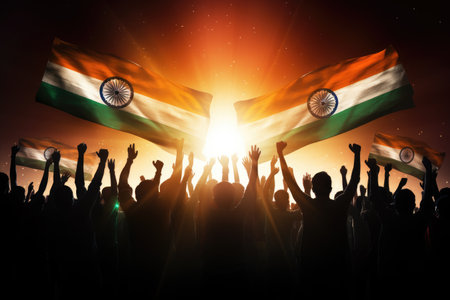 Group of people with the flag of India in the rays of the rising sun, Silhouette of a group of people waving Indian flags in backlit, AI Generatedの素材