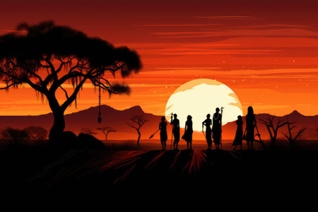Ancient people in the savannah at sunset, 3d render, Silhouettes of African aborigines at sunset, with female tribe members in a desert landscape, AI Generatedの素材