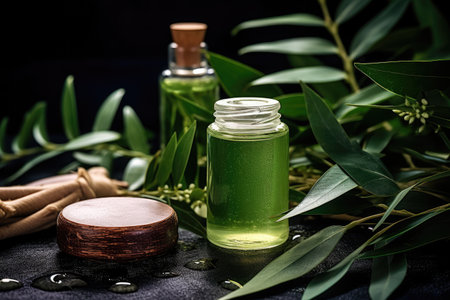 Eucalyptus essential oil in a small glass bottle, Spa concept with eucalyptus oil and eucalyptus leaf extract natural/organic spa cosmetic products, AI Generatedの素材