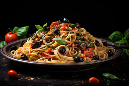 Spaghetti with tomato sauce, olives and basil on dark background, Spaghetti alla puttanesca - Italian pasta dish with tomatoes, black olives, capers, anchovies, and basil, AI Generatedの素材