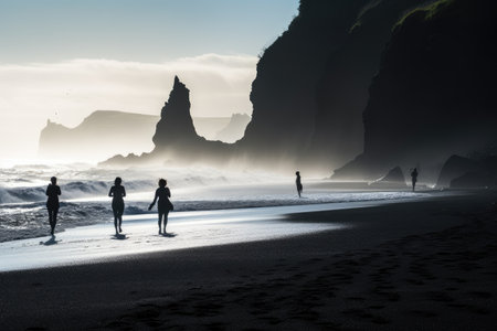 Tourists walking on the beach of Reynisfjara, Iceland, Silhouettes of tourists enjoying the black sand beach and ocean waves, AI Generatedの素材