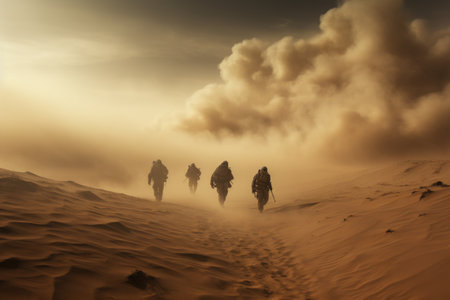Silhouette of a group of tourists walking in the desert, Special military soldiers walking in a smoky desert, AI Generatedの素材