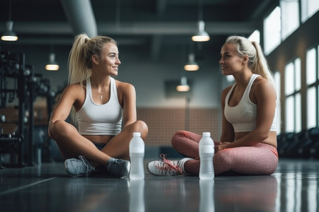 Two sporty women sitting on the floor and looking at each other in gym, Sportswomen sitting and resting after a workout or exercise in a fitness gym with a protein shake or, AI Generatedの素材