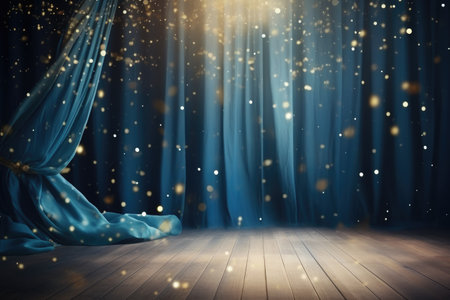 Curtain with blue curtains and falling snow. Christmas or New Year background, Spotlight on a blue curtain background and falling golden confetti, AI Generatedの素材