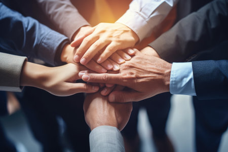 Close up of business people putting their hands on top of each other, Startup business people teamwork cooperation, hands together, close-up, AI Generatedの素材