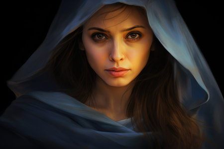 Portrait of a beautiful brunette woman wrapped in a red blanket, Stop violence against and sexual abuse women,anti-trafficking and stopping violence against women, AI Generatedの素材