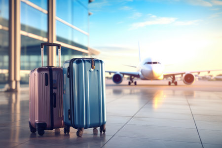 Luggage in airport terminal. Travel and vacation concept. 3D Rendering, Suitcases in the airport, Travel concept, plane flying in the background, AI Generatedの素材