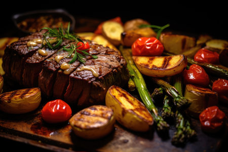 roast beef with grilled vegetables on a black background. tinting. selective focus, Succulent fillet steak and roast vegetables close up, AI Generatedの素材