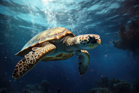 Hawaiian Green Sea Turtle Chelonia mydas, swimming turtle, AI Generatedの素材