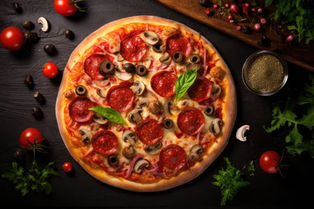 Italian pizza with salami, mushrooms, mozzarella cheese and tomatoes on black background, Tasty pepperoni pizza with mushrooms and olives with copy space, AI Generatedの素材