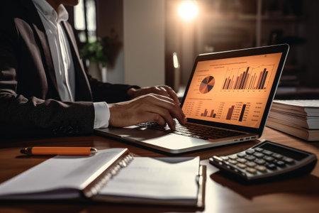 Businessman analyzing investment charts with laptop. Accounting and finance concept, Tax concept, Businessman analyzing financial data with a calculator and laptop, AI Generatedの素材