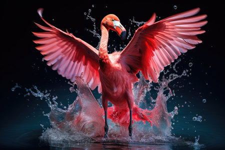 Witness the awe-inspiring sight of a majestic flamingo splashing water into the air with its wings spread, The flamingo runs on water with splashes, AI Generatedの素材