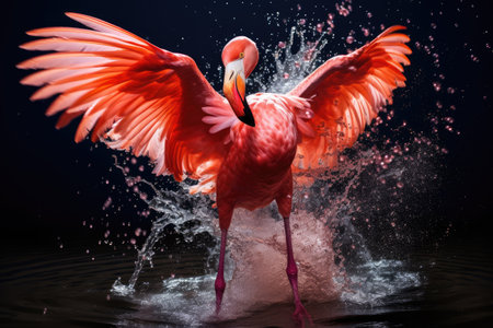 An elegant flamingo gracefully splashes water as it spreads its wings, displaying beauty in motion, The flamingo runs on water with splashes, AI Generatedの素材