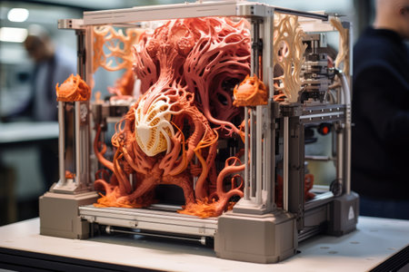 Model of Human Body in Glass Case, Educational Display of Human Anatomy, The 3D printing machine creates the 3D prototype model using resin material, AI Generatedの素材