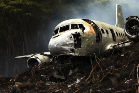 A plane parked on the ground, resting in a patch of dirt, The plane crashed to the ground, AI Generatedの素材
