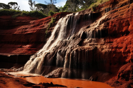 Majestic Waterfall Cascading Down Vibrant Red Rocks, The renowned Red Dirt Falls, a cascading waterfall of freshwater over the iron-rich basalt rock, AI Generatedの素材