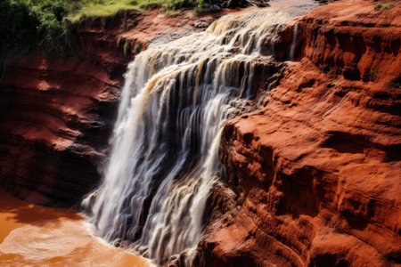 Majestic Waterfall Cascading Down Red Cliff in Natures Splendor, The renowned Red Dirt Falls, a cascading waterfall of freshwater over the iron-rich basalt rock, AI Generatedの素材