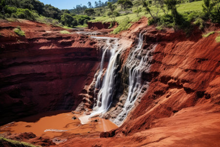 Majestic Waterfall Cascading on Red Cliff in Natures Oasis, The renowned Red Dirt Falls, a cascading waterfall of freshwater over the iron-rich basalt rock, AI Generatedの素材