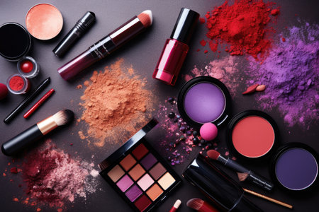 A collection of various cosmetics and makeup products neatly arranged on a table, Top view of a makeup cosmetics set, AI Generatedの素材
