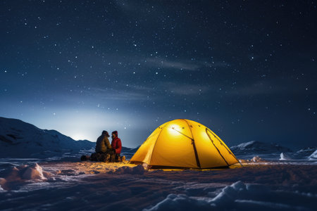 Two People Sitting in Front of a Tent Under a Night Sky, Tourists with flashlights near a yellow tent illuminated from the inside against the backdrop of an incredible starry sky, AI Generatedの素材