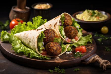 Enjoy the perfect combination of savory meatballs, fresh lettuce, and juicy tomatoes in this satisfying and nutritious wrap, Tortilla wrap with falafel and fresh salad, AI Generatedの素材