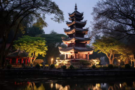 A beautifully lit pagoda in a park creates a stunning nighttime scene, Tran Quoc pagoda in Ha Noi, the capital of Vietnam, AI Generatedの素材