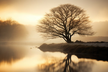 A single tree stands alone on a small island in the middle of a serene lake, Tree reflected in river on a misty morning, AI Generatedの素材