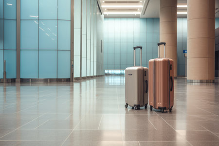 Two suitcases placed on the airport floor, awaiting their owners arrival or departure, Two suitcases in an empty airport hall, traveler cases in the departure airport, AI Generatedの素材
