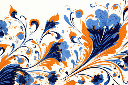 A vibrant painting featuring blue and orange flowers against a crisp white backdrop, Turkey floral pattern with an abstract art graphic line flower, AI Generatedの素材
