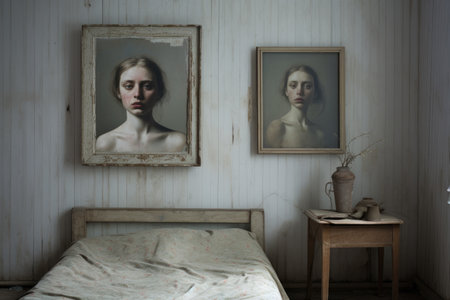 A cozy bedroom with a comfortable bed and two beautiful paintings hanging on the wall, Two empty picture frames in the bedroom, AI Generatedの素材